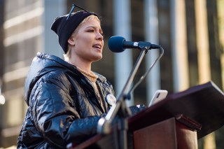 Halsey delivers a speech ahead of the New York City Women's March along Central Park West on January 20, 2018
Women's March rally, New York, USA - 20 Jan 2018