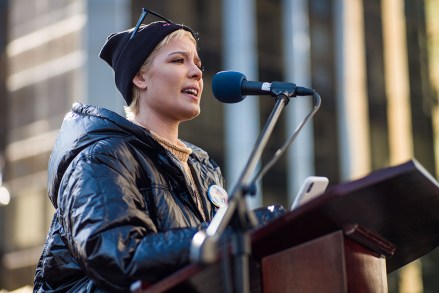 Halsey delivers a speech ahead of the New York City Women's March along Central Park West on January 20, 2018
Women's March rally, New York, USA - 20 Jan 2018