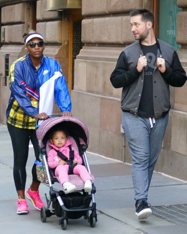 EXCLUSIVE: Serena Williams, husband Alexis and daughter take a Sunday stroll before the start of the US Open ***SPECIAL INSTRUCTIONS*** Please pixelate children's faces before publication.***. 25 Aug 2019 Pictured: Serena Williams, Alexis Ohanian, Alexis Olympia Ohanian Jr. Photo credit: KAT / MEGA TheMegaAgency.com +1 888 505 6342 (Mega Agency TagID: MEGA488490_003.jpg) [Photo via Mega Agency]