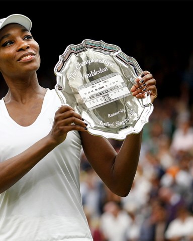 Venus Williams of USA with the runners up trophy following her loss in the Ladies Final Wimbledon 2017, Day 12, All England Lawn Tennis Club, London UK, 15 July 2017