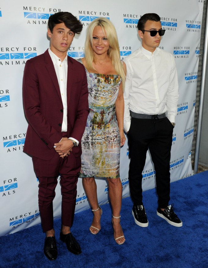 Pamela Anderson and her sons on a carpet together