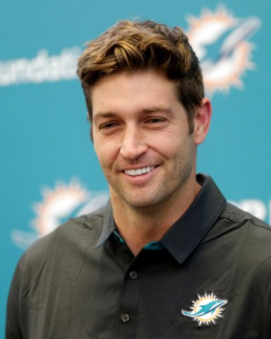 New Miami Dolphins quarterback Jay Cutler speaks at a news conference during an NFL football training camp, in Davie, Fla. Cutler has agreed to terms on a $1 million, one-year contract, as starting quarterback Ryan Tannehill remains out with a left knee injury
Dolphins QBs Football, Davie, USA - 7 Aug 2017
