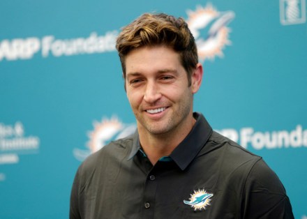 New Miami Dolphins quarterback Jay Cutler speaks at a news conference during an NFL football training camp, in Davie, Fla. Cutler has agreed to terms on a $1 million, one-year contract, as starting quarterback Ryan Tannehill remains out with a left knee injury
Dolphins QBs Football, Davie, USA - 7 Aug 2017