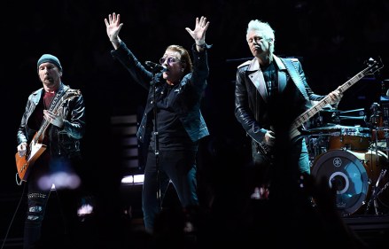 The Edge (L), Bono (C) and Adam Clayton of the Irish band U2 perform during the first of their four concerts at the Assago Forum in Milan, Italy, 11 October 2018.U2 in concert in Milan, Italy - 11 Oct 2018