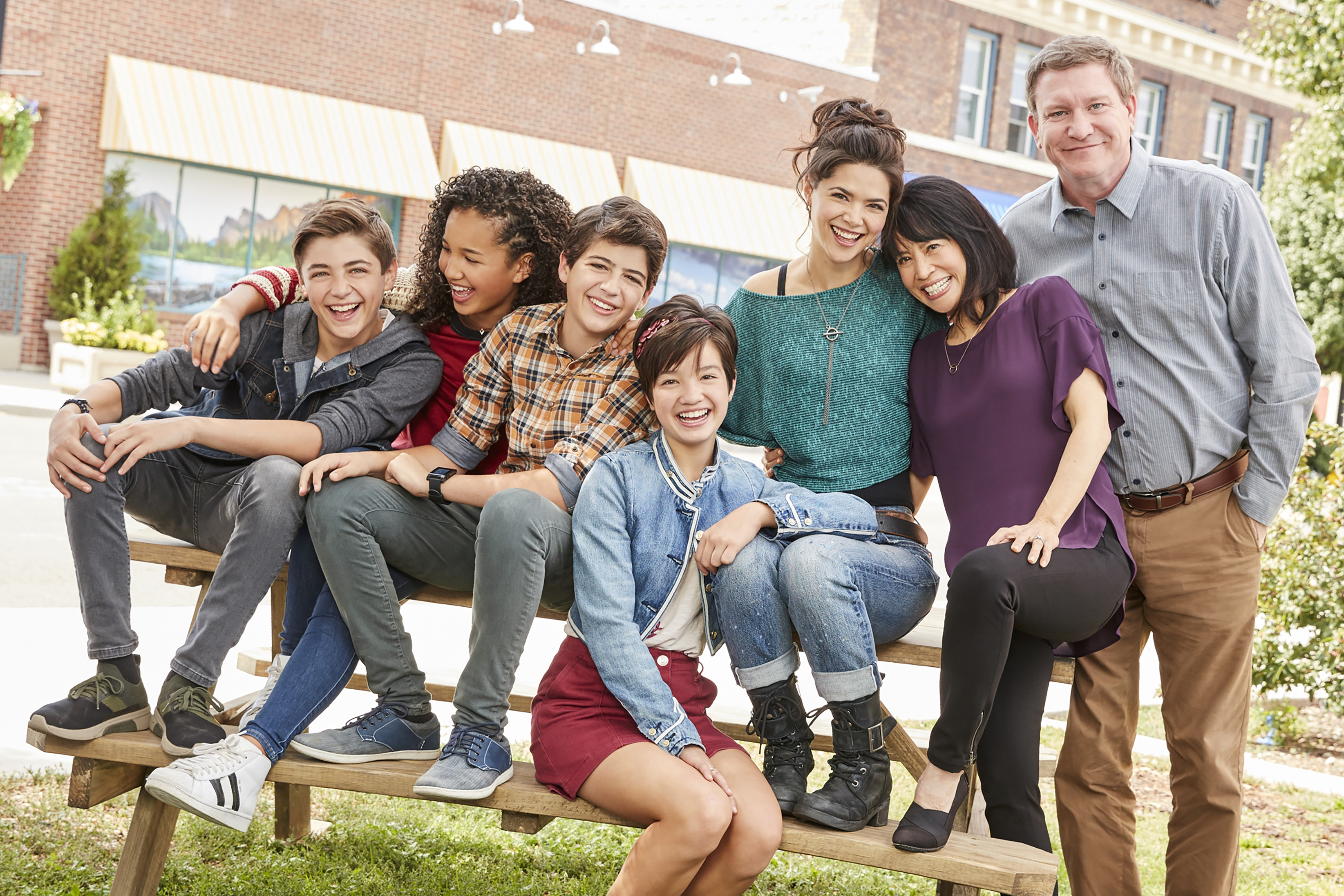 ANDI MACK - Disney Channel's "Andi Mack" stars Asher Angel as Jonah Beck, Sofia Wylie as Buffy Driscoll, Joshua Rush as Cyrus Goodman, Peyton Elizabeth Lee as Andi Mack, Lilan Bowden as Bex Mack, Lauren Tom as Celia Mack, and Stoney Westmoreland as Ham Mack. (Disney Channel/Craig Sjodin)