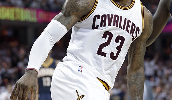 Copyright 2017 The Associated Press. All rights reserved. This material may not be published, broadcast, rewritten or redistributed without permission.Mandatory Credit: Photo by AP/REX/Shutterstock (8612076p)Cleveland Cavaliers' LeBron James reacts after scoring in the first half in Game 1 of a first-round NBA basketball playoff series against the Indiana Pacers, in ClevelandPacers Cavaliers Basketball, Cleveland, USA - 15 Apr 2017