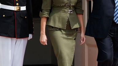melania trump military outfit green jacket skirt