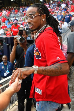 American rapper Quavo speaks ahead of Game 2 of a best-of-five National League Division Series between the Atlanta Braves and the St. Louis Cardinals, in Atlanta
NLDS Cardinals Braves Baseball, Atlanta, USA - 04 Oct 2019