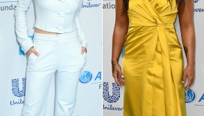 selena gomez blue off the shoulder shirt pants demi lovato yellow dress we day