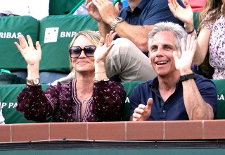 Actors Ben Stiller, right, and Christine Taylor attends a quarterfinal match between Rafael Nadal, of Spain, and Nick Kyrgios, of Australia, in the BNP Paribas Open tennis tournament, in Indian Wells, CalifTennis, Indian Wells, United States - 17 Mar 2022