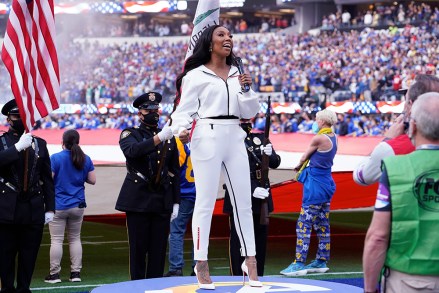 Mandatory Credit: London Entertainment/ShutterstockMandatory Credit: Photo by London Entertainment/Shutterstock (12782863g)Brandy sings the National Anthem at the NFC Championship Game between the Los Angeles Rams and the San Francisco 49ers at SoFi Stadium on January 30, 2022 in Inglewood, CaliforniaCelebrities at Los Angeles Rams v San Francisco 49ers, NFC Championship Game, American Football, SoFi Stadium, Inglewood, Los Angeles, California, USA - 30 Jan 2022