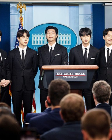 Members of the K-pop supergroup BTS, from left, V, Jungkook, Jimin, RM, Jin and J-Hope during a press briefing at the White House in Washington, D.C. on Tuesday, May 31, 2022.
WH Press Briefing with BTS, White House, Washington, District of Columbia, USA - 31 May 2022