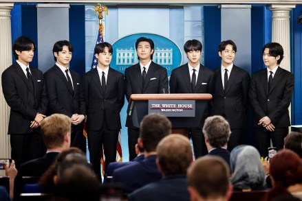 Members of K-pop supergroup BTS, from left, V, Jungkook, Jimin, RM, Jin and J-Hope during a press briefing at the White House in Washington, DC on Tuesday, May 31, 2022. WH Press Briefing with BTS , White House, Washington, District of Columbia, USA - May 31, 2022