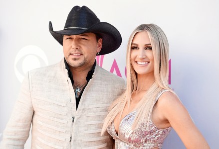 Jason Aldean, left, and Brittany Kerr arrive at the 52nd annual Academy of Country Music Awards at the T-Mobile Arena in Las Vegas. Aldean announced on May 8, 2017, that he and Kerr are expecting their first child together
People Jason Aldean, Las Vegas, USA - 2 Apr 2017