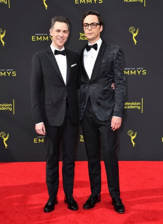 Todd Spiewak, Jim Parsons. Todd Spiewak, left, and Jim Parsons arrive at night two of the Television Academy's 2019 Creative Arts Emmy Awards, at the Microsoft Theater in Los Angeles
Television Academy's 2019 Creative Arts Emmy Awards - Arrivals - Night Two, Los Angeles, USA - 15 Sep 2019