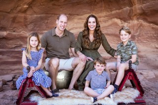 Their Royal Highnesses' The Duke and Duchess of Cambridge’s Christmas card 2021, which shows The Duke and Duchess with their three children Prince George, Princess Charlotte and Prince Louis in Jordan earlier this year. Issue date: 10th December 2021. Picture by Kensington Palace/WPA-Pool NOTE TO EDITORS: This handout photo may only be used in for editorial reporting purposes for the contemporaneous illustration of events, things or the people in the image or facts mentioned in the caption. Reuse of the picture may require further permission from the copyright holder. NO USE AFTER 31/12/2021 WITHOUT PRIOR PERMISSION FROM KENSINGTON PALACE. THIS PHOTOGRAPH IS STRICTLY FOR EDITORIAL USE ONLY. NO COMMERCIAL USE, INCLUDING MERCHANDISING, ADVERTISING, OR ANY OTHER NON-EDITORIAL USE PERMITTED. THE PHOTOGRAPH MUST NOT BE DIGITALLY ENHANCED, MANIPULATED OR MODIFIED IN ANY WAY, AND MUST INCLUDE ALL OF THE INDIVIDUALS IN THE PHOTOGRAPH WHEN PUBLISHED. 10 Dec 2021 Pictured: Catherine, Duchess of Cambridge, Kate Middleton, Prince William, Prince of Wales, Prince George, Princess Charlotte, Prince Louis. Photo credit: MEGA TheMegaAgency.com +1 888 505 6342 (Mega Agency TagID: MEGA812786_001.jpg) [Photo via Mega Agency]