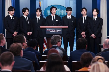 Band members from South Korean boy band BTS, also known as the Bangtan Boys, join White House Press Secretary Karine Jean-Pierre during her daily press briefing in the James S. Brady Briefing Room at the White House in Washington, DC, USA, 31 May 2022.White House Press Secretary daily press briefing with BTS, Washington, USA - 31 May 2022