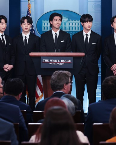 Band members from South Korean boy band BTS, also known as the Bangtan Boys, join White House Press Secretary Karine Jean-Pierre during her daily press briefing in the James S. Brady Briefing Room at the White House in Washington, DC, USA, 31 May 2022.White House Press Secretary daily press briefing with BTS, Washington, USA - 31 May 2022