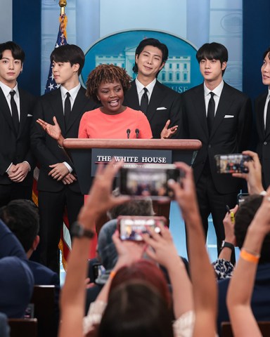 Band members from South Korean boy band BTS, also known as the Bangtan Boys, join White House Press Secretary Karine Jean-Pierre during her daily press briefing in the James S. Brady Briefing Room at the White House in Washington, DC on Tuesday, May 31, 2022.DC: White House Press Secretary daily press briefing with BTS, Washington, District of Columbia, United States - 31 May 2022