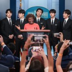 Band members from South Korean boy band BTS, also known as the Bangtan Boys, join White House Press Secretary Karine Jean-Pierre during her daily press briefing in the James S. Brady Briefing Room at the White House in Washington, DC on Tuesday, May 31, 2022.DC: White House Press Secretary daily press briefing with BTS, Washington, District of Columbia, United States - 31 May 2022