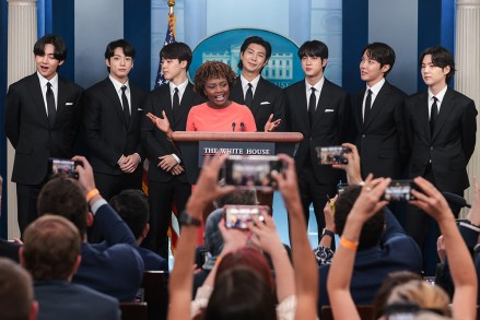 Band members of South Korean boy band BTS, also known as the Bangtan Boys, join White House Press Secretary Karine Jean-Pierre during her daily press briefing in the James S. Brady Briefing Room at the White House in Washington, DC on Tuesday , May 31, 2022.DC: White House Press Secretary's Daily Press Briefing with BTS, Washington, District of Columbia, United States - May 31, 2022