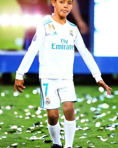 Cristiano Ronaldo JR, son of Cristiano Ronaldo of Real Madrid on the pitch at the end of the match Real Madrid v Liverpool, UEFA Champions League Final, Olimpiyskiy National Sports Complex Stadium, Kiev, UA, 26 May 2018