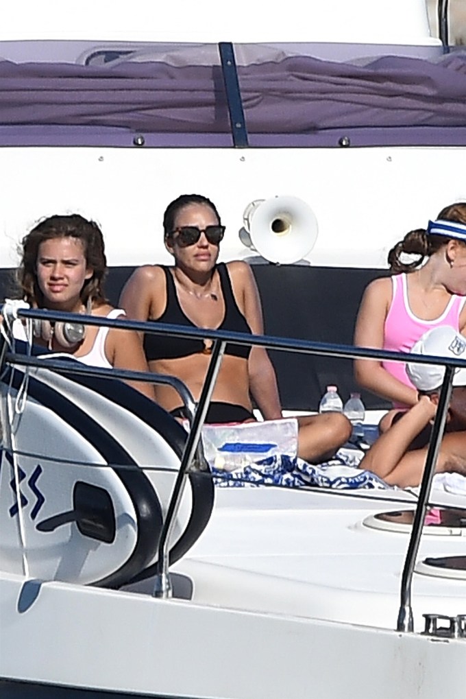 *EXCLUSIVE* Jessica Alba takes in the rays as she takes to the waters on a boat during her family holiday in the coastal town of Sabaudia, Italy
