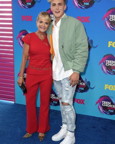 Jake Paul, Pam Stepnick Jake Paul, right and his mother Pam Stepnick arrive at the Teen Choice Awards at the Galen Center, in Los Angeles
2017 Teen Choice Awards - Arrivals, Los Angeles, USA - 13 Aug 2017