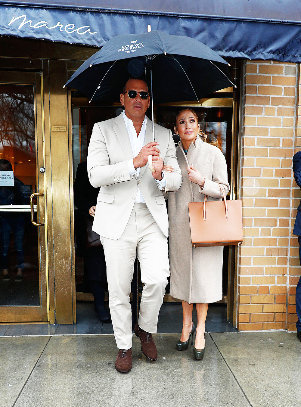 First New York shots of Jennifer Lopez and Alex Rodriguez 'JROD' wearing matching color outfits when departing Marea restaurant after having romantic lunch