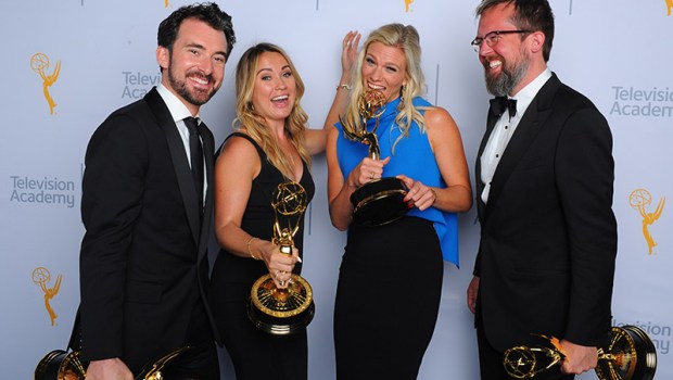 EXCLUSIVE - Rhys Thomas, from left, Erin Doyle, Lindsay Shookus, and Erik Keyword, winners of the award for outstanding variety special for "The Saturday Night Live 40th Anniversary Special", pose for a portrait at the Television Academy's Creative Arts Emmy Awards at Microsoft Theater on Saturday, Sept. 12, 2015, in Los Angeles. (Photo by Vince Bucci/Invision for the Television Academy/AP Images)