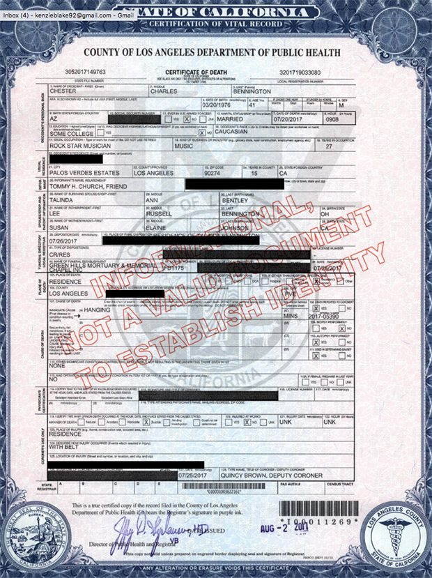 Chester Bennington's Death Certificate