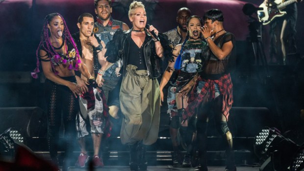 FILE - In this July 8, 2017 file photo, Pink performs during the Festival d'ete de Quebec in Quebec City, Canada. Pink will receive the Michael Jackson Video Vanguard Award at the MTV Video Music Awards on Sunday. (Photo by Amy Harris/Invision/AP, File)
