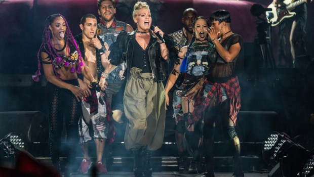 FILE - In this July 8, 2017 file photo, Pink performs during the Festival d'ete de Quebec in Quebec City, Canada. Pink will receive the Michael Jackson Video Vanguard Award at the MTV Video Music Awards on Sunday. (Photo by Amy Harris/Invision/AP, File)