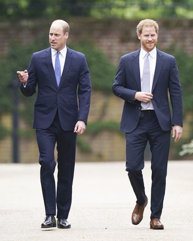 Britain's Prince William and Prince Harry arrive for the statue unveiling on what would have been Princess Diana's 60th birthday, in the Sunken Garden at Kensington Palace, London Princess Diana, London, United Kingdom - 01 Jul 2021