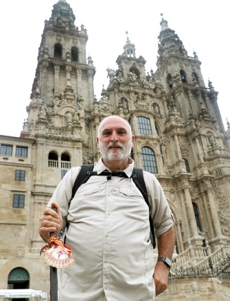 Spanish chef Jose Andres poses as he arrives to the Cathedral as he finishes Way of St James in Santiago de Compostela, Spain, 13 July 2021. Jose Andres, founder of non-profit meal-providing organisation World Central Kitchen (WCK), has completed the French Camino de Santiago within 13 days.
Chef Jose Andres finishes the James Way, Santiago De Compostela, Spain - 13 Jul 2021