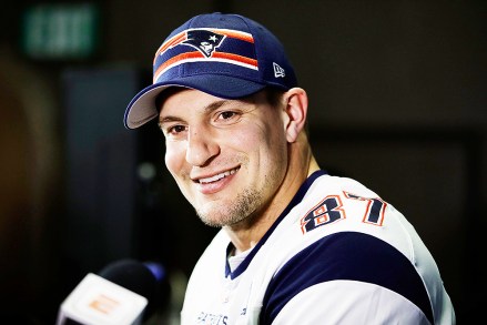 New England Patriots' Rob Gronkowski speaks with members of the media during a news conference, ahead of the NFL Super Bowl 53 football game against Los Angeles Rams in Atlanta
Patriots Rams Super Bowl Football, Atlanta, USA - 30 Jan 2019