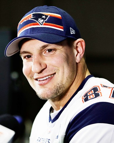 New England Patriots' Rob Gronkowski speaks with members of the media during a news conference, ahead of the NFL Super Bowl 53 football game against Los Angeles Rams in Atlanta
Patriots Rams Super Bowl Football, Atlanta, USA - 30 Jan 2019