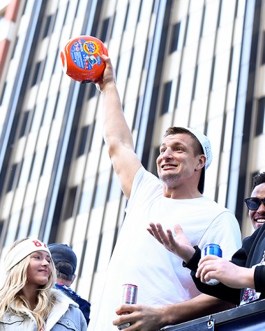 New England Patriots tight end Rob Gronkowski (87) celebrates during the Patriots Super Bowl LIII victory parade held in Boston, Mass
NFL New England Patriots Super Bowl LIII Parade, Boston, USA - 05 Feb 2019