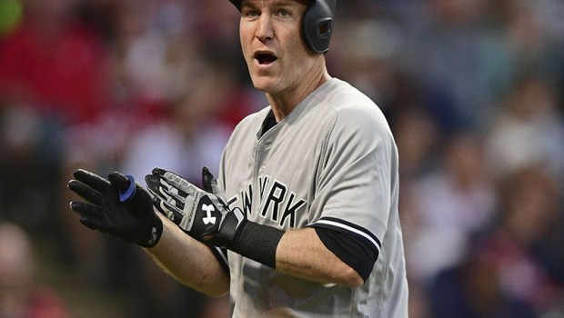 New York Yankees' Todd Frazier celebrates after hitting a solo home run off Cleveland Indians starting pitcher Trevor Bauer in the fifth inning of a baseball game, in Cleveland
Yankees Indians Baseball, Cleveland, USA - 04 Aug 2017