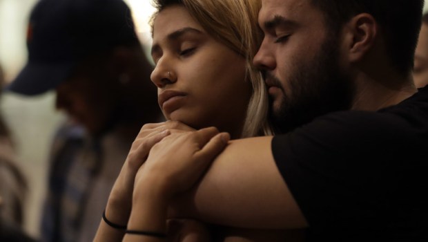 University of Nevada Las Vegas students Raymond Lloyd, right, and Karla Rodriguez take part in a vigil, in Las Vegas. A gunman on the 32nd floor of the Mandalay Bay casino hotel rained automatic weapons fire down on the crowd of over 22,000 at an outdoor country music festival Sunday
Shooting, Las Vegas, USA - 02 Oct 2017