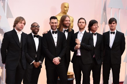 Mickey Madden, from left, PJ Morton, Adam Levine, James Valentine, Jesse Carmichael, Matt Flynn, and Sam Farrar of the musical group Maroon 5 arrive at the Oscars, at the Dolby Theatre in Los Angeles
87th Academy Awards - Arrivals, Los Angeles, USA