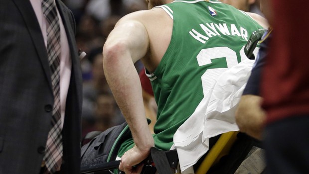 Boston Celtics' Gordon Hayward is carried away in a stretcher in the first half of an NBA basketball game against the Cleveland Cavaliers, in Cleveland. Just five minutes into his Boston career, new Celtics star forward Gordon Hayward gruesomely broke his left ankle, an injury that may end his season
Celtics-Hayward Injured Basketball, Cleveland, USA - 17 Oct 2017
