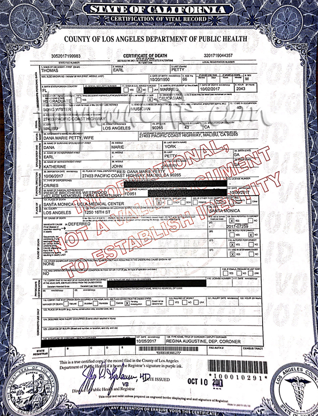 Tom Petty Death Certificate 