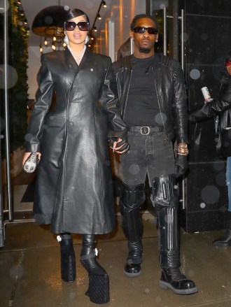 *EXCLUSIVE* New York, NY  - Cardi B & Offset steps out looking like the Matrix in black leather outfits. Cardi towers in Chanel platform shoes and nearly took a spill but was saved by Offset.Pictured: Cardi B & OffsetBACKGRID USA 30 APRIL 2023 USA: +1 310 798 9111 / usasales@backgrid.comUK: +44 208 344 2007 / uksales@backgrid.com*UK Clients - Pictures Containing ChildrenPlease Pixelate Face Prior To Publication*