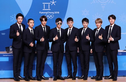 South Korean boy band EXO poses for a photo during a press conference at the Main Press Center in PyeongChang, northeastern South Korea, 21 February 2018, about its plan to take the stage at the closing ceremony of the 2018 PyeongChang Winter Olympics on 25 February.
Boy band to appear at PyeongChang Winter Olympics' closing ceremony, Seoul, Korea - 21 Feb 2018