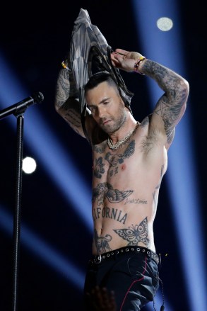 Maroon 5's Adam Levine performs during halftime during the NFL Super Bowl 53 football game between the Los Angeles Rams and New England Patriots at Atlanta Patriots Rams Super Bowl Football, Atlanta, USA - 03 February 2019