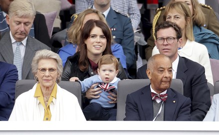 Princess Eugenie of York, centre,August Brooksbank and Jack Brooksbank, watch the Platinum Jubilee Pageant, in London, on the last of four days of celebrations to mark the Platinum Jubilee. The pageant will be a carnival procession up The Mall featuring giant puppets and celebrities that will depict key moments from Queen Elizabeth II's seven decades on the throne
Platinum Jubilee, London, United Kingdom - 05 Jun 2022