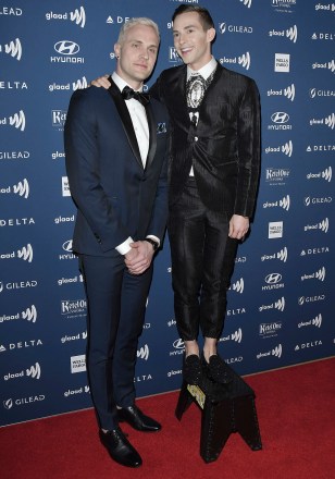 (L-R) Jussi-Pekka Kajaala and Adam Rippon at the 30th Annual GLAAD Media Awards held at the Beverly Hilton in Beverly Hills, CA on Thursday, March 28, 2019. (Photo By Sthanlee B. Mirador/Sipa USA)(Sipa via AP Images)