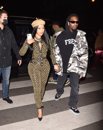 Cardi B & Boyfriend Offset are seen arriving at the Grey Goose cocktail party hosted by Carine Roitfeld. 30 Sep 2021 Pictured: Cardi B & Boyfriend Offset. Photo credit: Neil Warner/MEGA TheMegaAgency.com +1 888 505 6342 (Mega Agency TagID: MEGA792285_007.jpg) [Photo via Mega Agency]