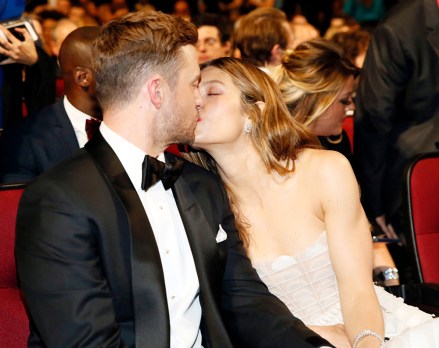 Justin Timberlake, Jessica Bill.  Justin Timberlake and Jessica Bill kiss at the 70th Primetime Emmy Awards, at the Microsoft Theater in Los Angeles